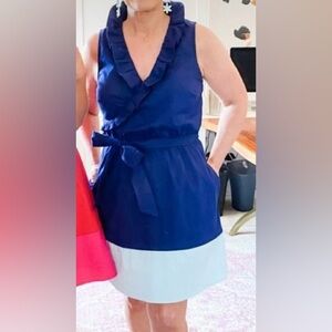 Gibson Dress, Gibsonlook, Faux Wrap Ruffle Neck, Two-Tone Navy & Lt Aqua